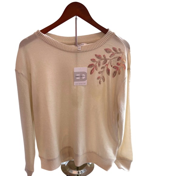 Emily Daniels Tops - EMILY DANIELS‎ Womens Beige Sequin Leaf Detail Sweater Pullover Top Size L